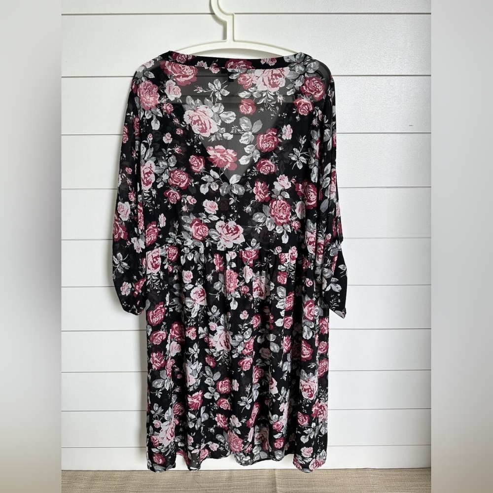 Torrid Chiffon Pink Black Floral Button Front Sheer Shirt Dress